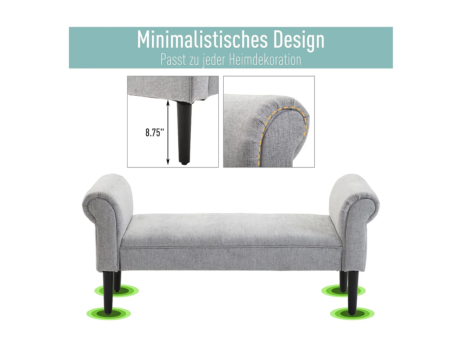 Elegante gestoffeerde bank met gerolde armleuningen, polyester, lichtgrijs (132x45,5x58cm)