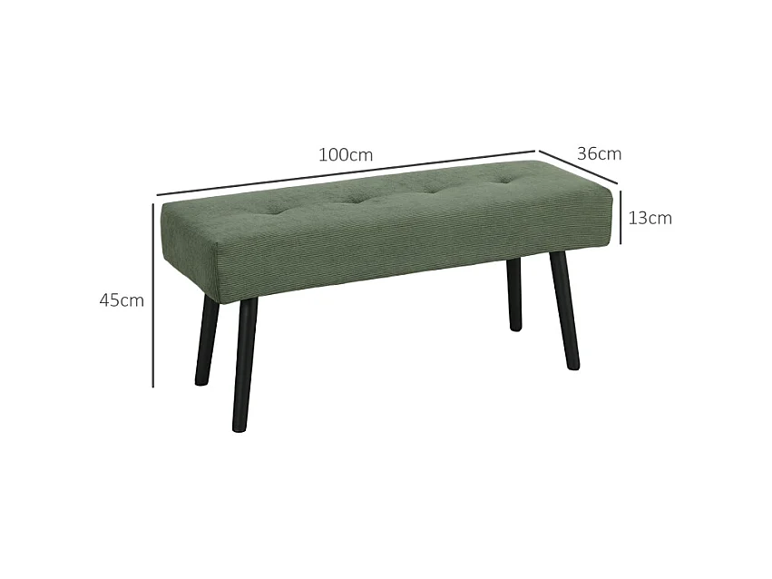 Banc de rangement, tissu en velours côtelé, pieds métalliques, design moderne, vert (100x36x45 cm)