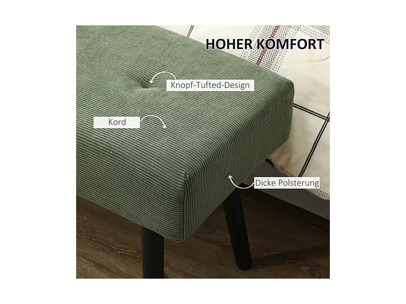 Banc de rangement, tissu en velours côtelé, pieds métalliques, design moderne, vert (100x36x45 cm)