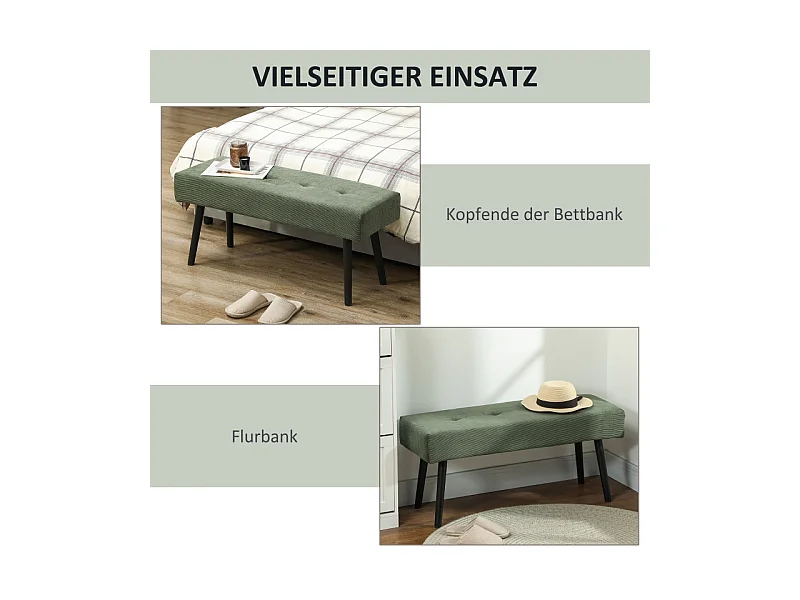 Banc de rangement, tissu en velours côtelé, pieds métalliques, design moderne, vert (100x36x45 cm)