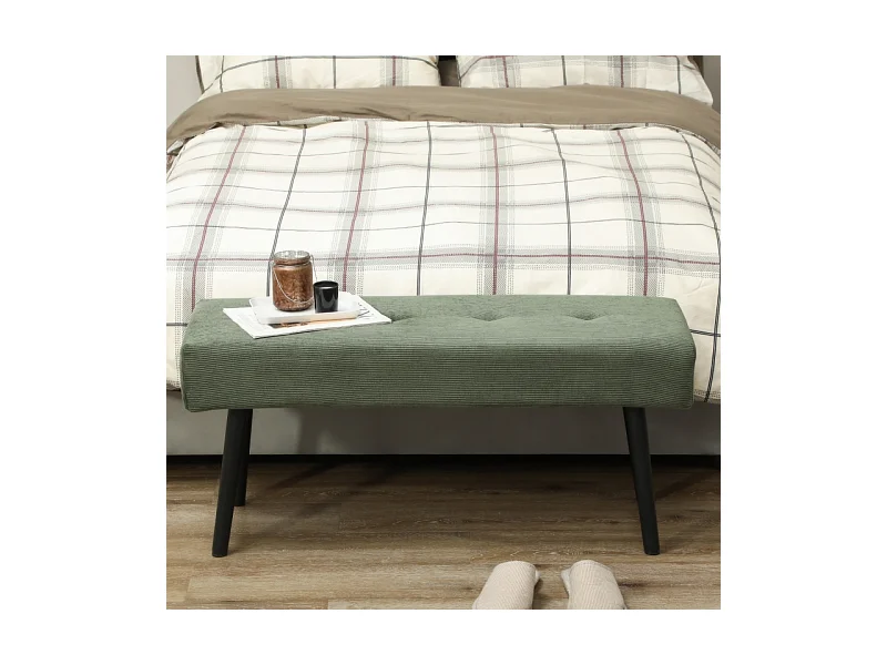 Banc de rangement, tissu en velours côtelé, pieds métalliques, design moderne, vert (100x36x45 cm)