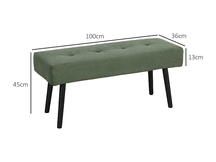 Opbergbank, corduroy stof, metalen poten, modern design, groen (100x36x45 cm)