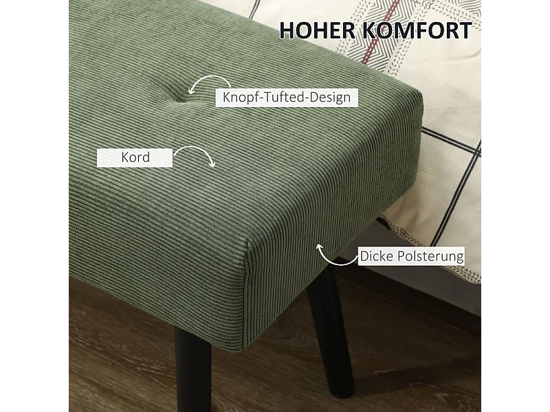 Opbergbank, corduroy stof, metalen poten, modern design, groen (100x36x45 cm)