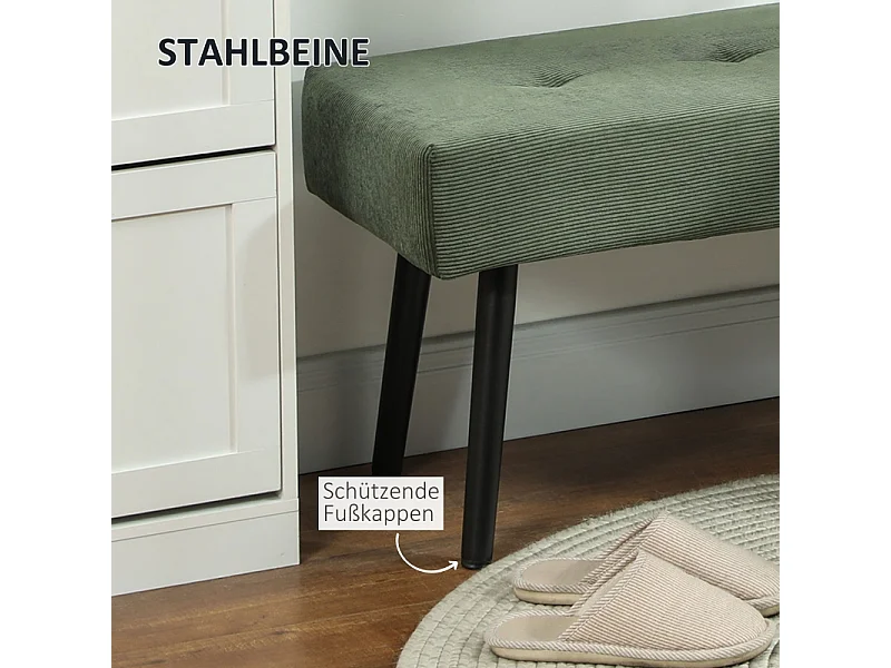Opbergbank, corduroy stof, metalen poten, modern design, groen (100x36x45 cm)