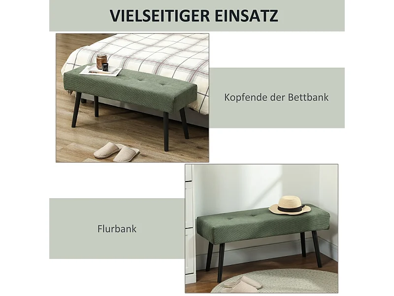 Opbergbank, corduroy stof, metalen poten, modern design, groen (100x36x45 cm)
