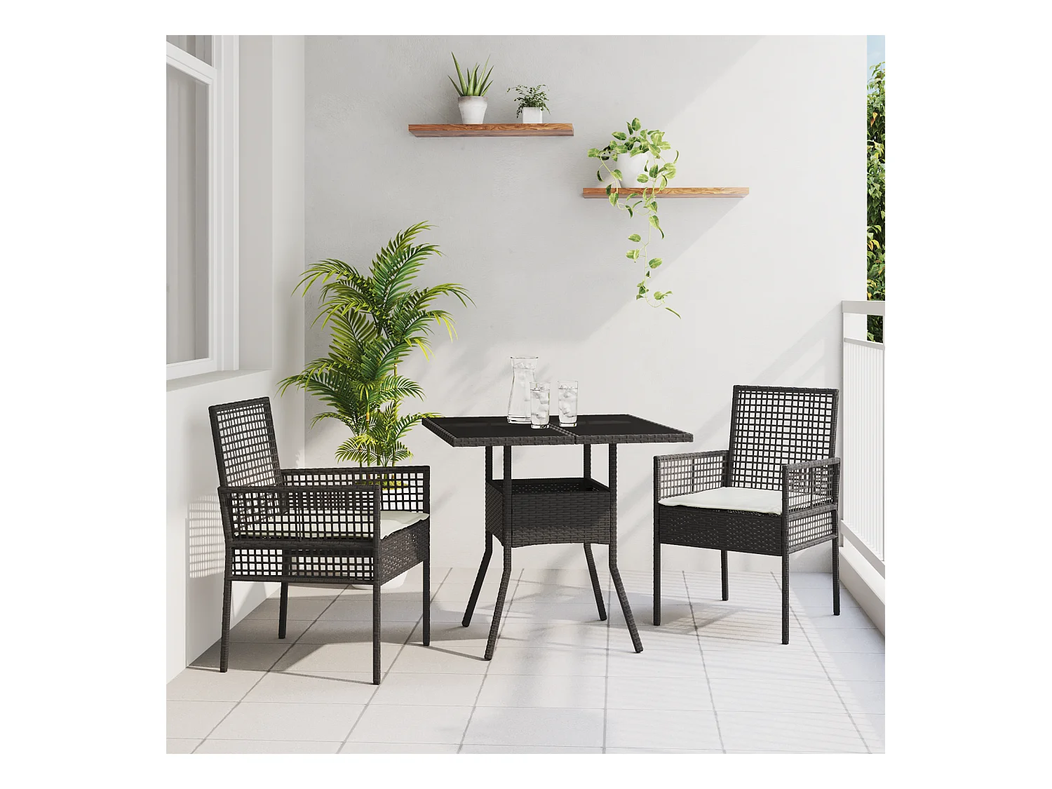 Set da pranzo da giardino in polyrattan nero da 3 pezzi