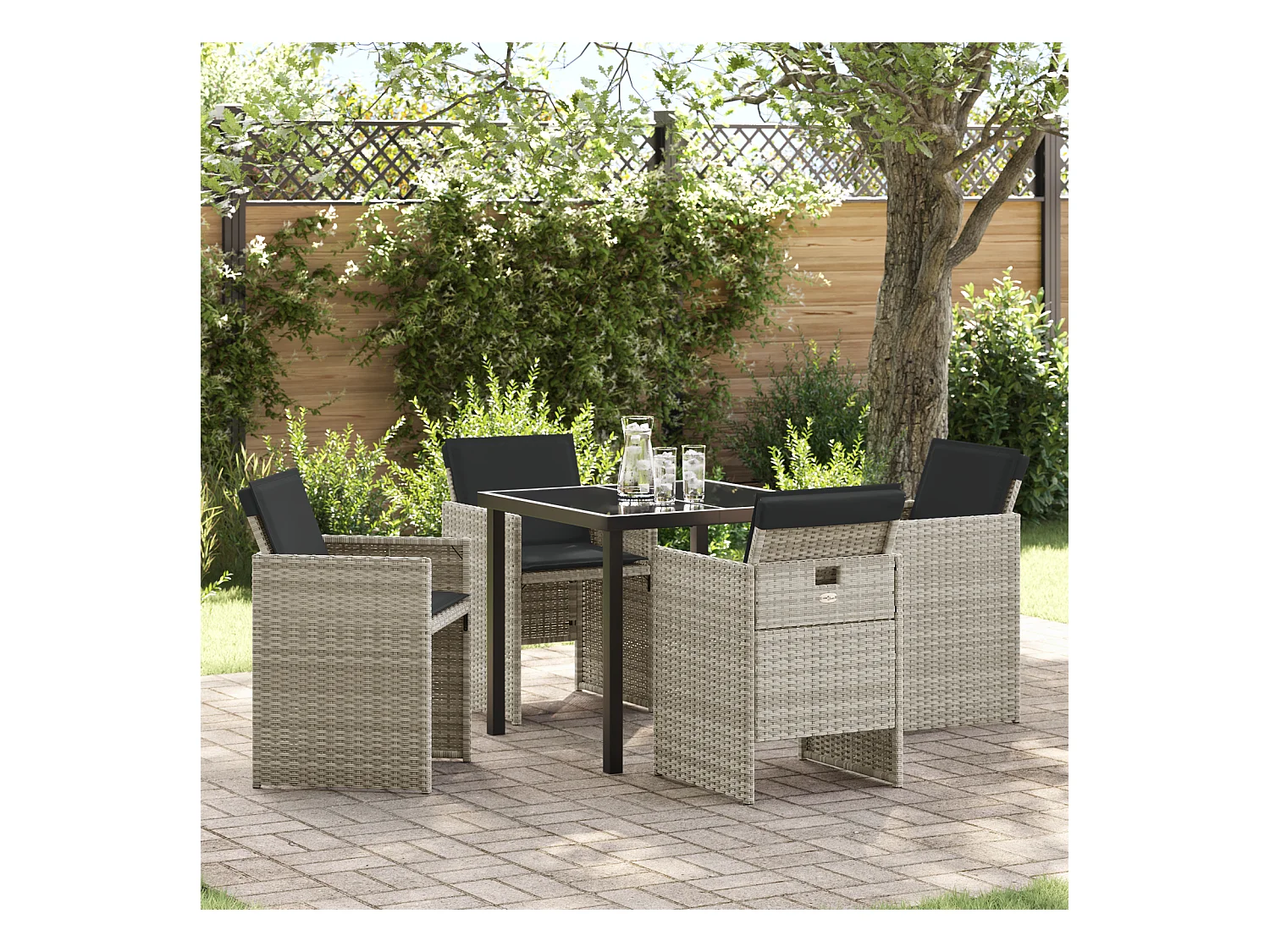 Set da pranzo da 5 pezzi con cuscini in polyrattan grigio chiaro