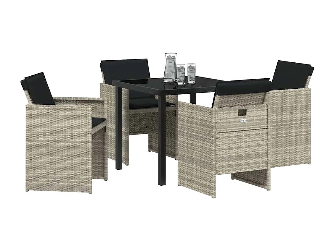 Ensemble repas 5 pièces avec coussins gris clair polyrotin