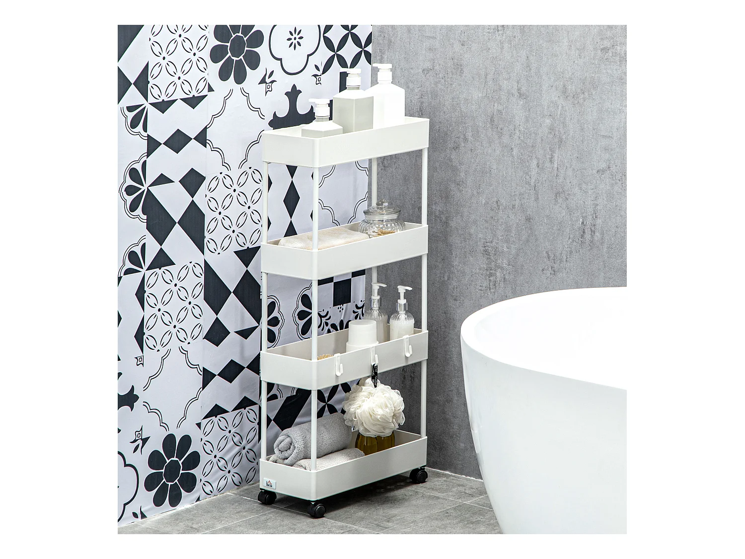 Carro de almacenaje con 4 estantes, con ruedas y frenos, diseño compacto, acero, blanco (40x19x90 cm)