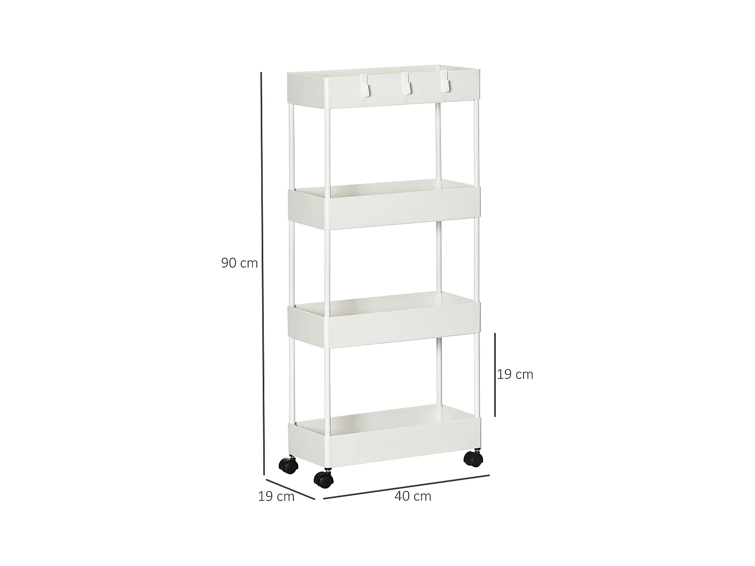 Carro de almacenaje con 4 estantes, con ruedas y frenos, diseño compacto, acero, blanco (40x19x90 cm)