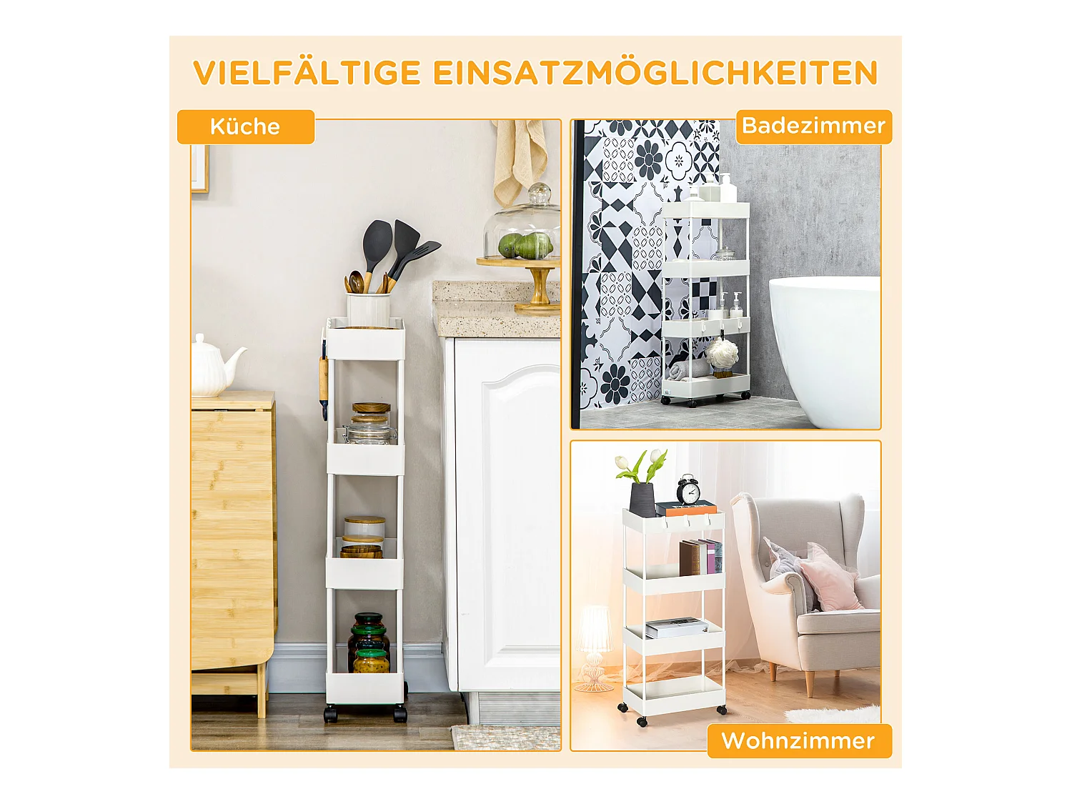 Carro de almacenaje con 4 estantes, con ruedas y frenos, diseño compacto, acero, blanco (40x19x90 cm)