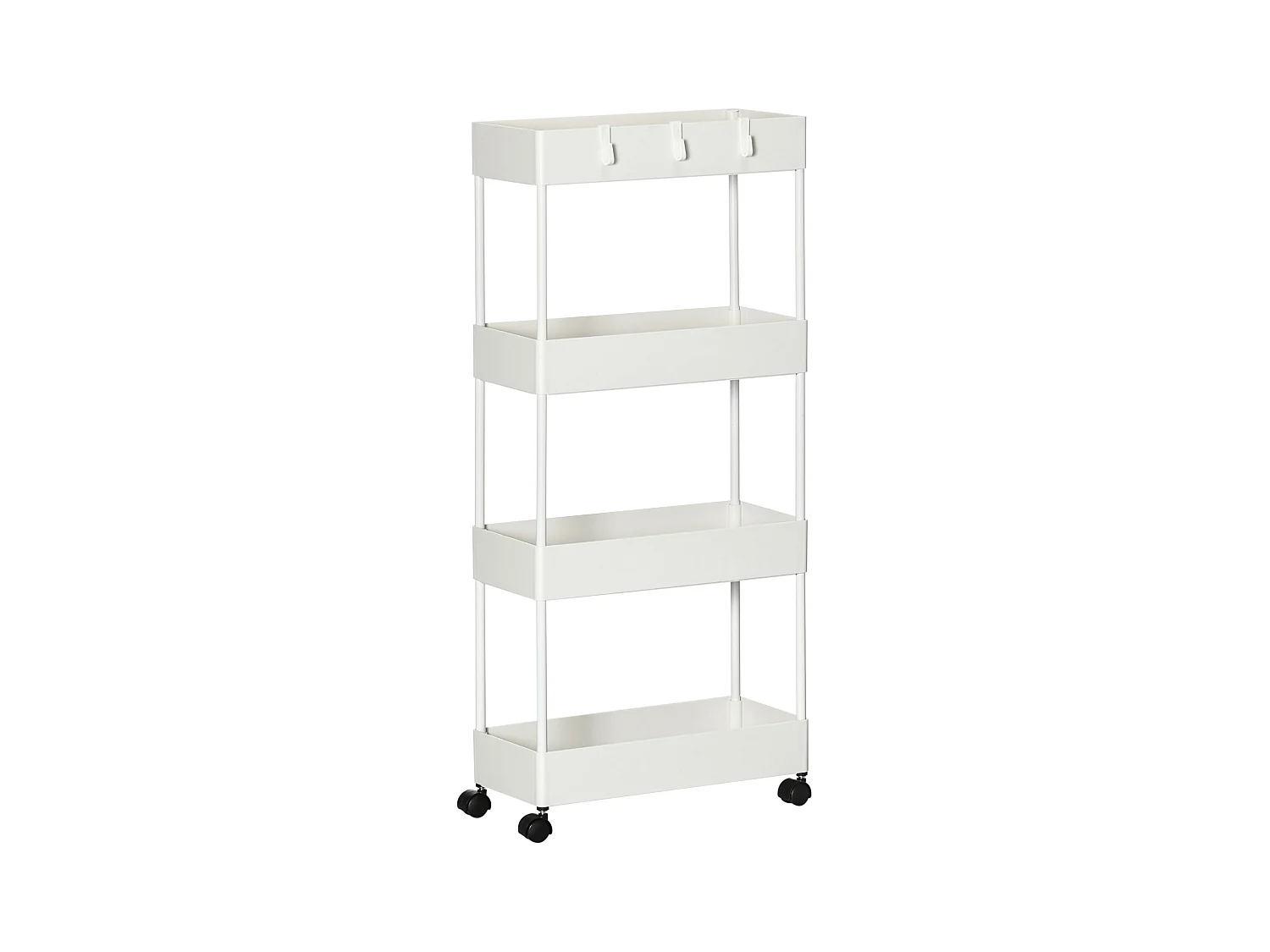 Chariot de rangement avec 4 étagères, avec roulettes et freins, design compact, acier, blanc (40x19x90 cm)