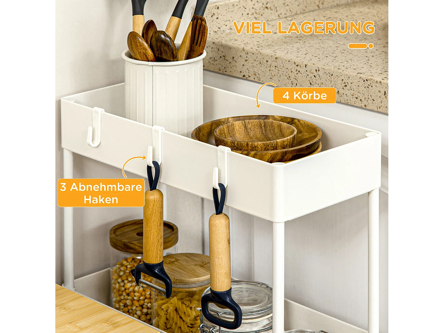 Chariot de rangement avec 4 étagères, avec roulettes et freins, design compact, acier, blanc (40x19x90 cm)