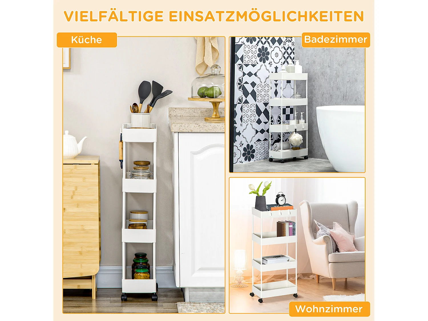 Chariot de rangement avec 4 étagères, avec roulettes et freins, design compact, acier, blanc (40x19x90 cm)