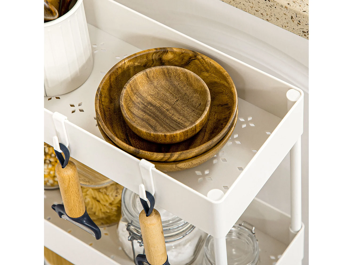 Chariot de rangement avec 4 étagères, avec roulettes et freins, design compact, acier, blanc (40x19x90 cm)