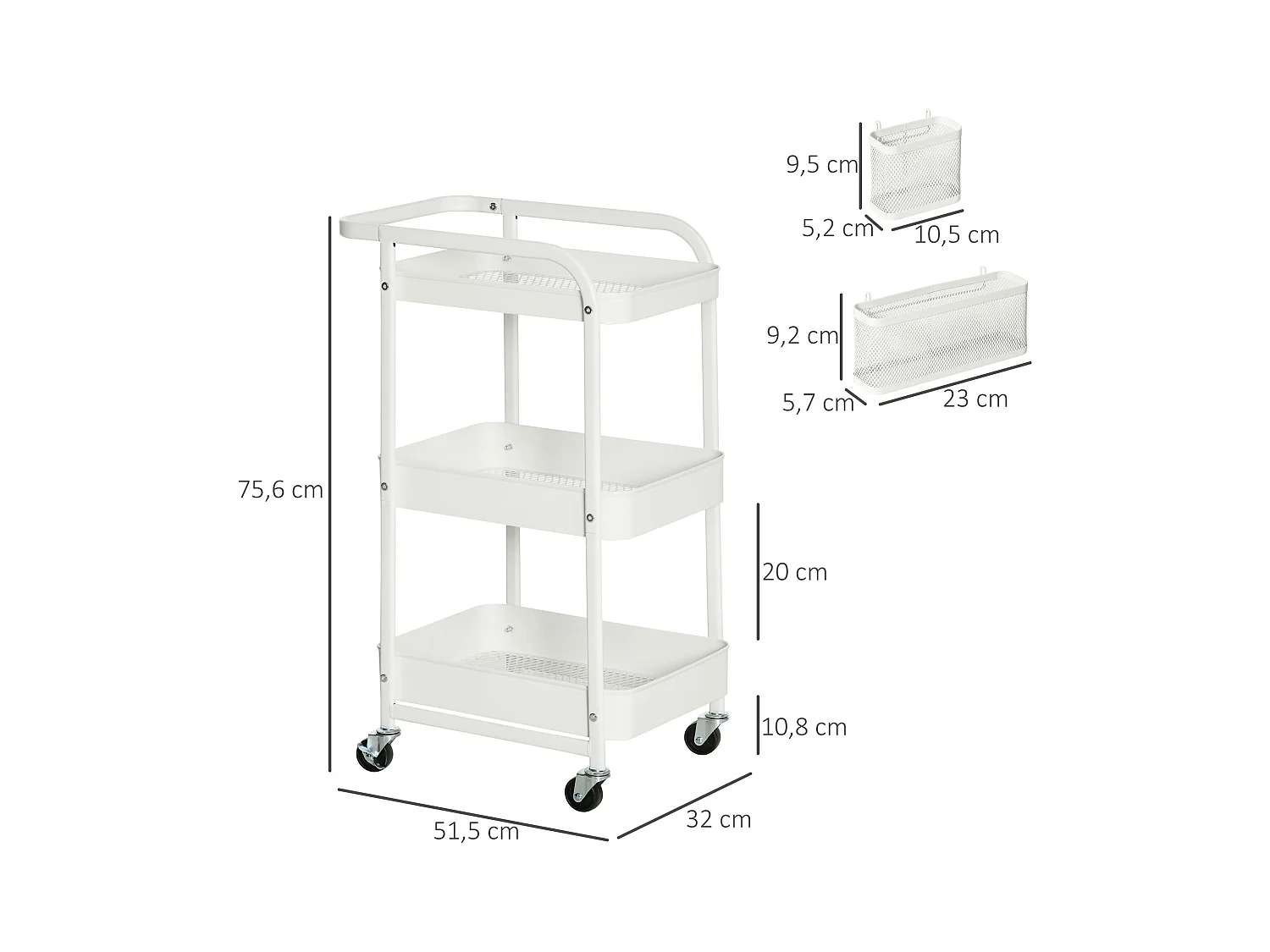 Rolwagen met laden, 3 planken, staal, wit (51,5x32x75,6 cm)