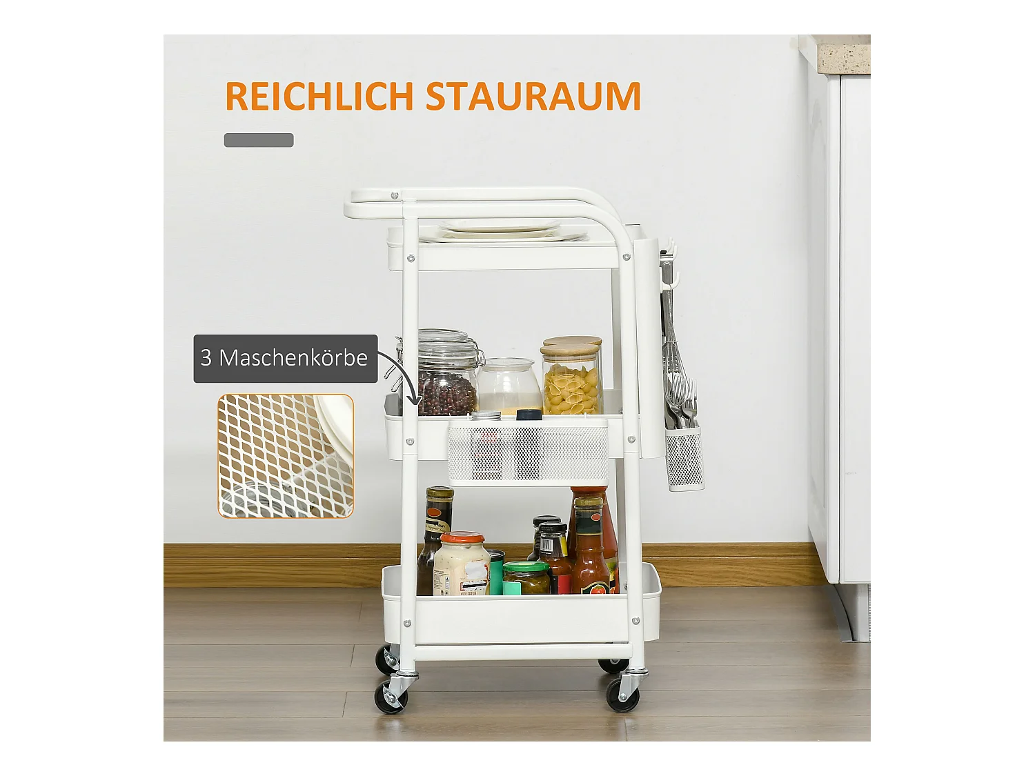 Rolwagen met laden, 3 planken, staal, wit (51,5x32x75,6 cm)