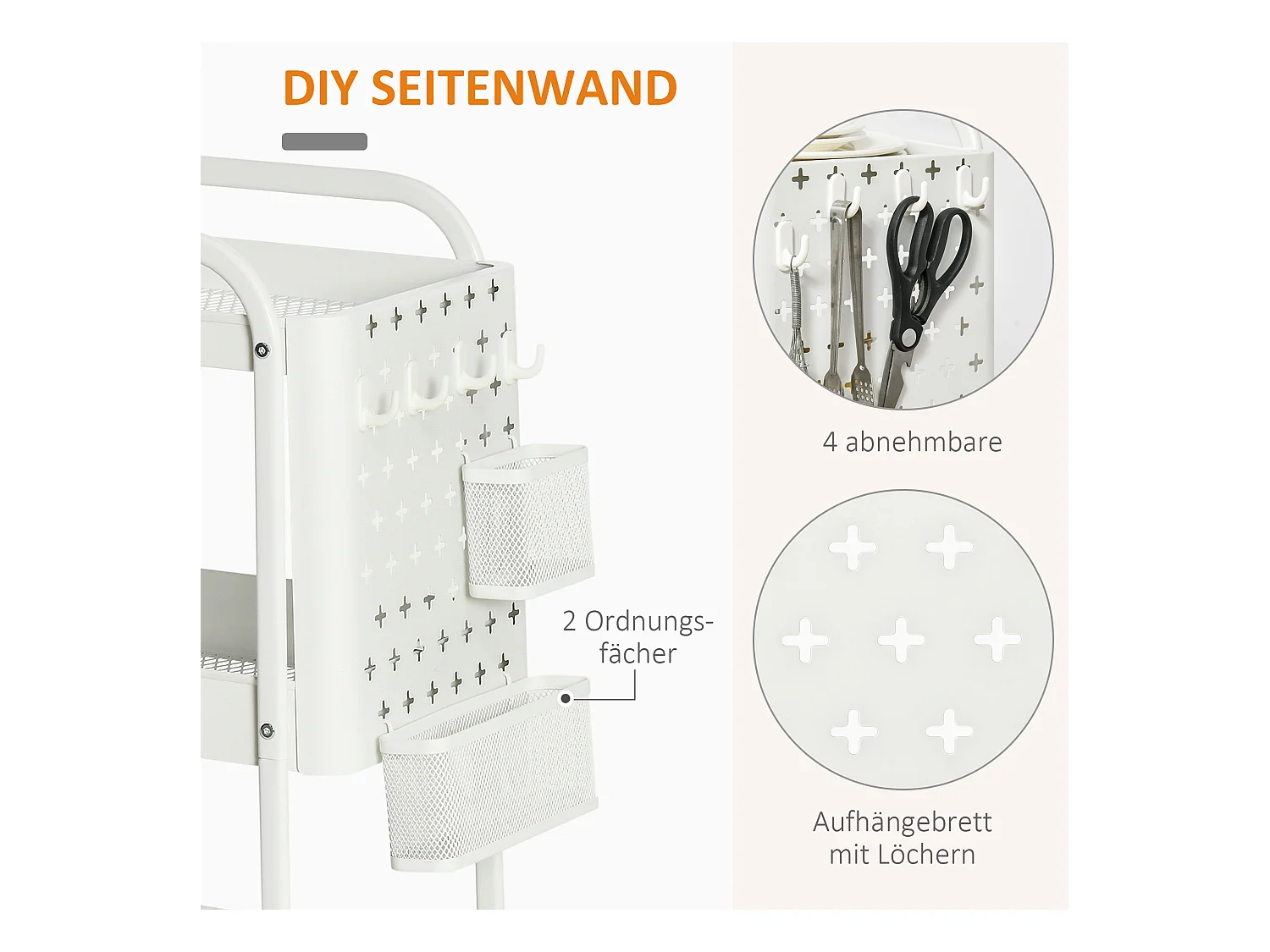 Rolwagen met laden, 3 planken, staal, wit (51,5x32x75,6 cm)
