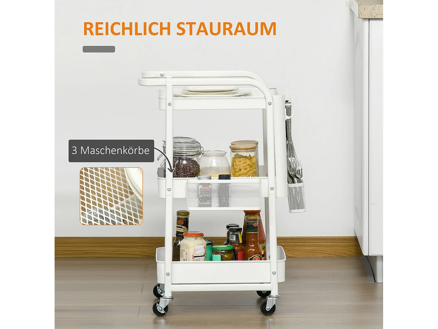 Chariot à roulettes avec tiroirs, 3 étagères, en acier, blanc (51.5x32x75.6 cm)