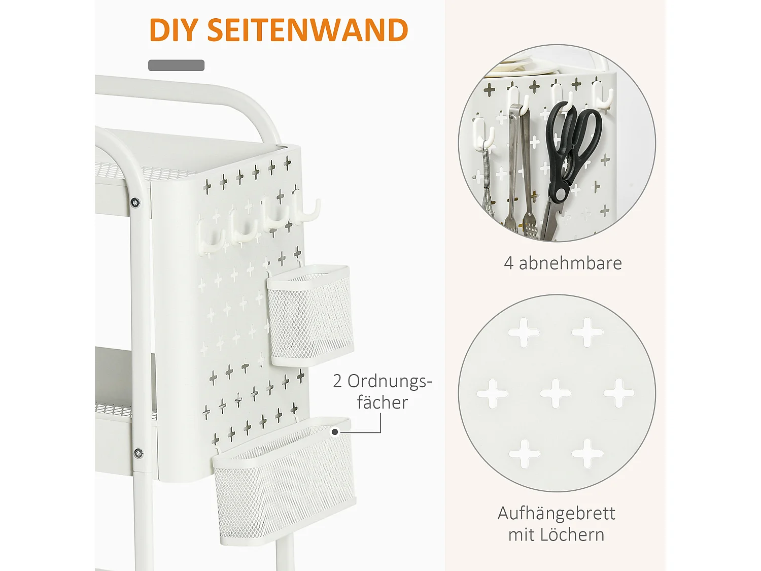 Chariot à roulettes avec tiroirs, 3 étagères, en acier, blanc (51.5x32x75.6 cm)