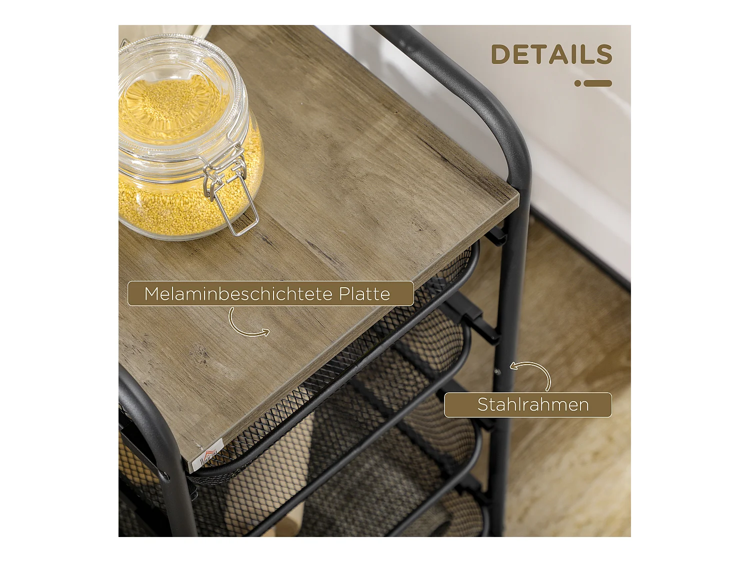 Opbergwagen op wielen, 4 manden, verrijdbaar plateau, staal, zwart (41,5x31x66 cm)