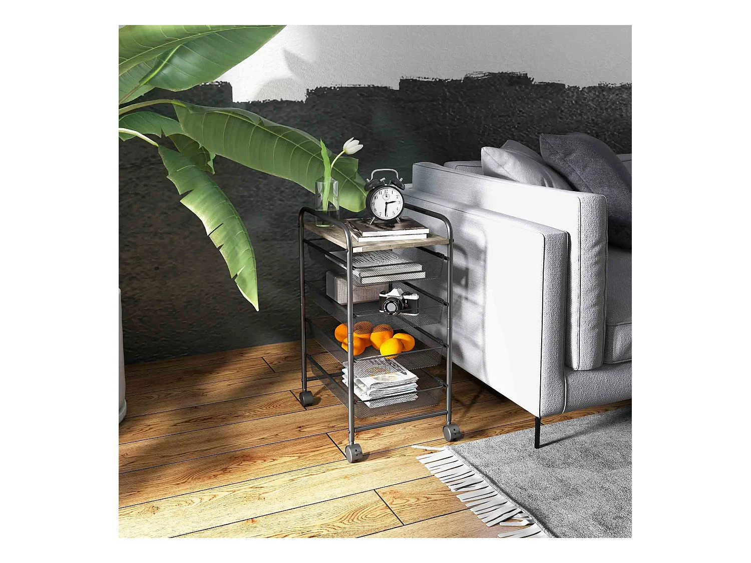 Chariot de rangement sur roulettes, 4 paniers, étagère mobile, acier, noir (41.5x31x66 cm)