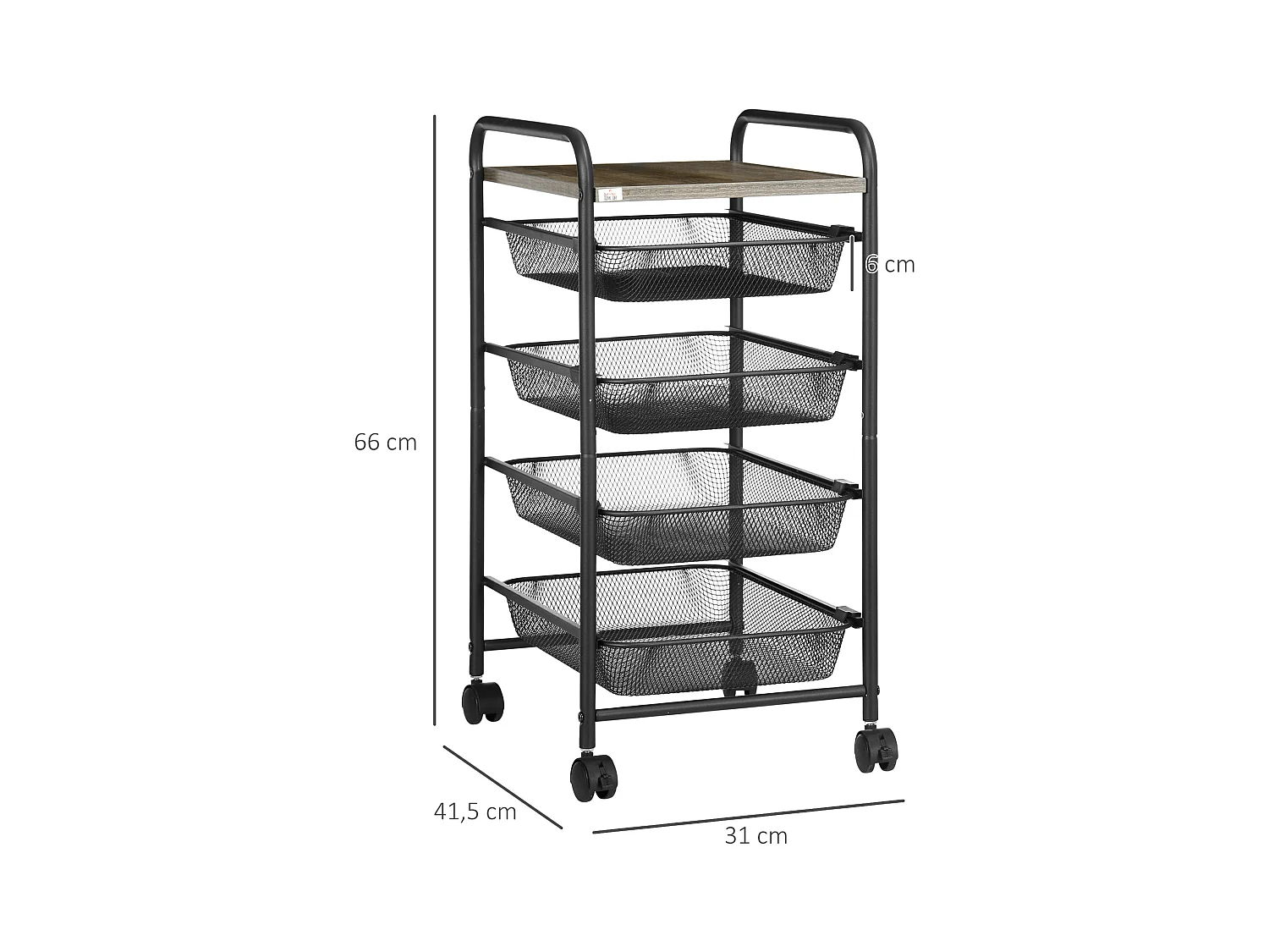 Chariot de rangement sur roulettes, 4 paniers, étagère mobile, acier, noir (41.5x31x66 cm)