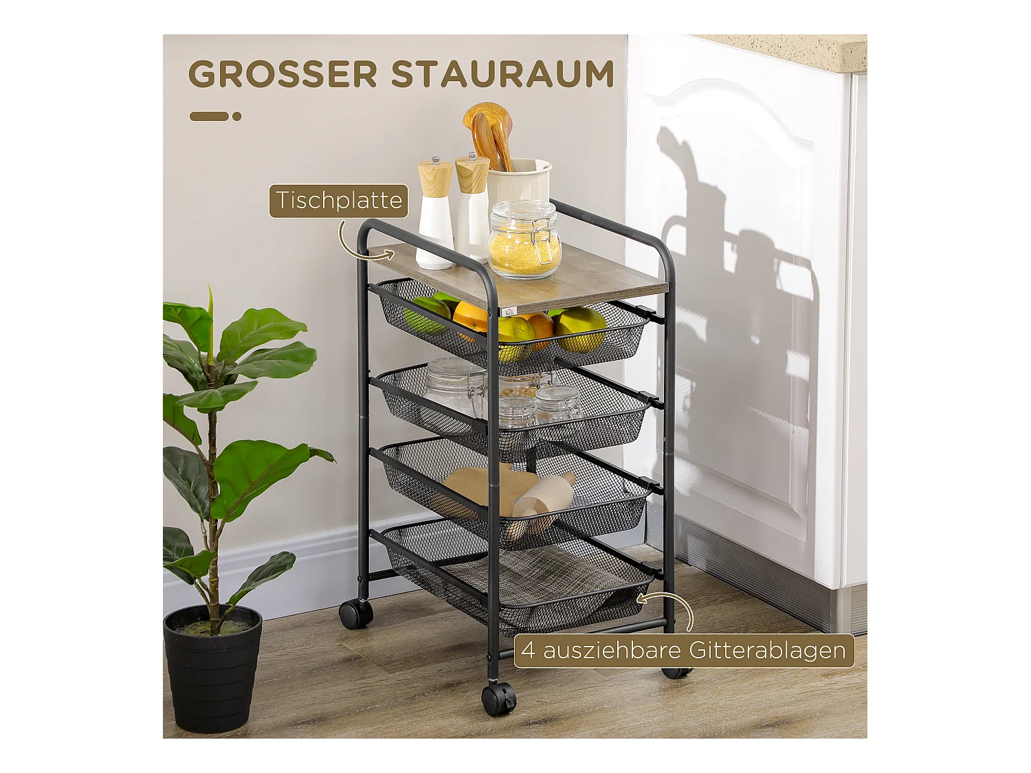 Chariot de rangement sur roulettes, 4 paniers, étagère mobile, acier, noir (41.5x31x66 cm)