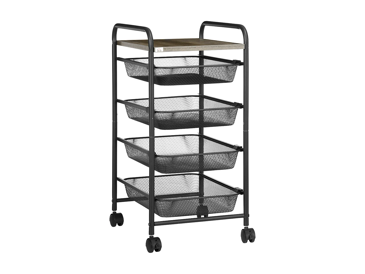 Carrello portaoggetti su ruote, 4 cestelli, ripiano mobile, acciaio, nero (41,5x31x66 cm)