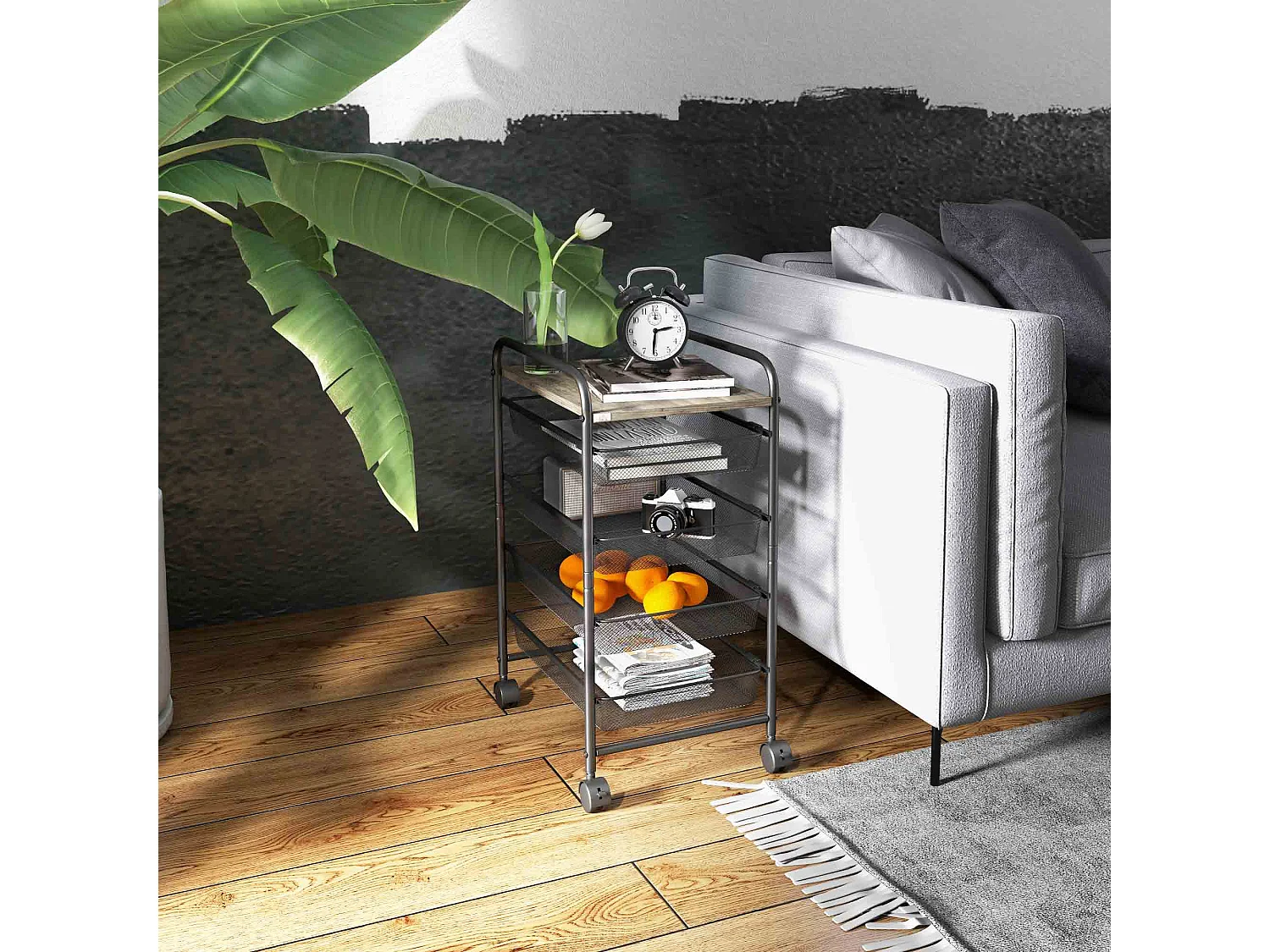 Carrello portaoggetti su ruote, 4 cestelli, ripiano mobile, acciaio, nero (41,5x31x66 cm)