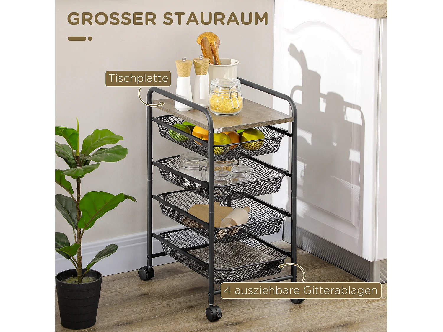 Carrello portaoggetti su ruote, 4 cestelli, ripiano mobile, acciaio, nero (41,5x31x66 cm)