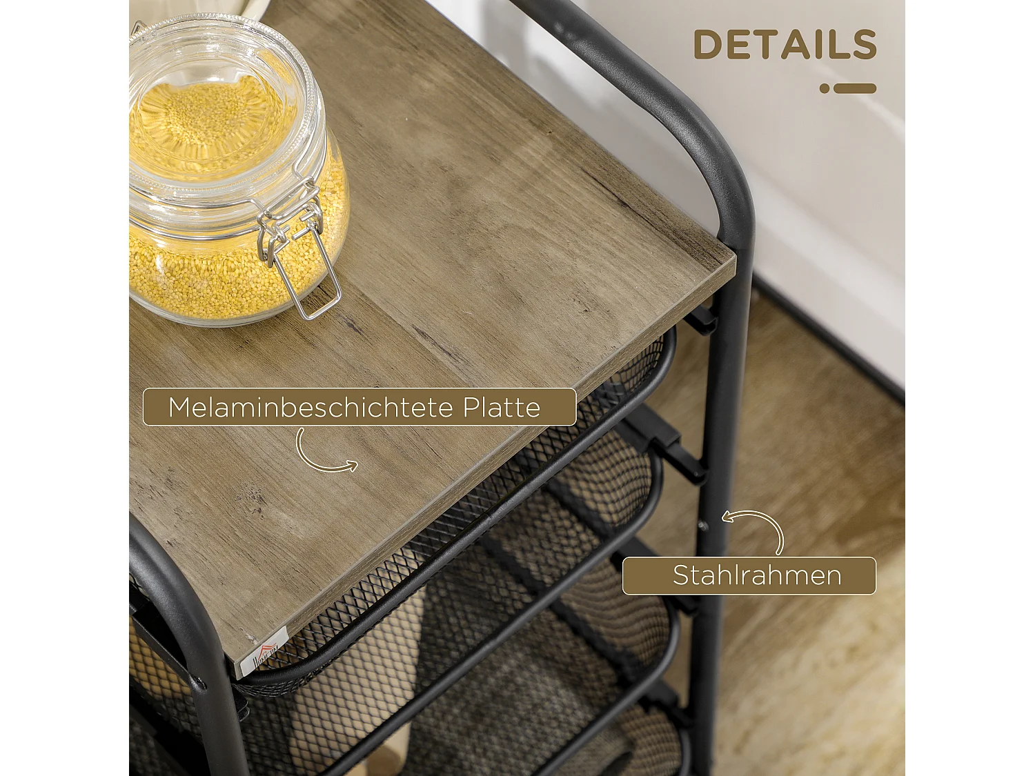 Carrello portaoggetti su ruote, 4 cestelli, ripiano mobile, acciaio, nero (41,5x31x66 cm)