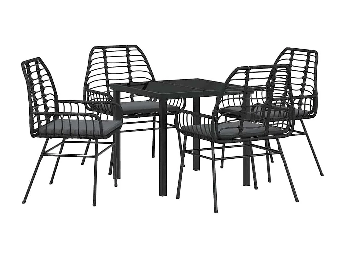 5-teiliges Garten-Ess-Set mit Kissen, schwarzes Polyrattan