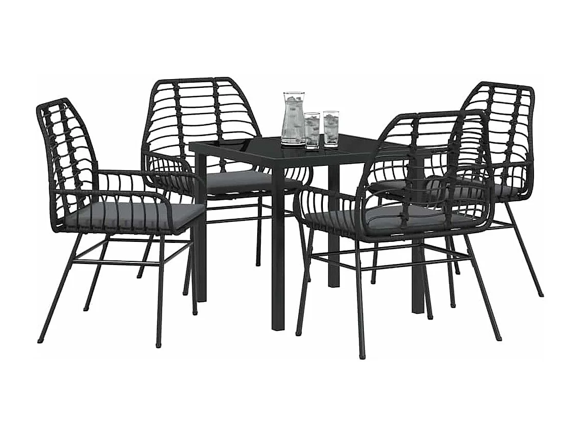 5-teiliges Garten-Ess-Set mit Kissen, schwarzes Polyrattan