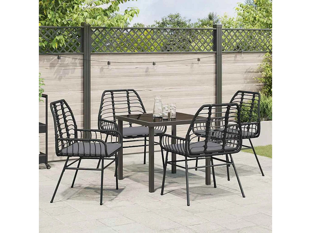 5-teiliges Garten-Ess-Set mit Kissen, schwarzes Polyrattan