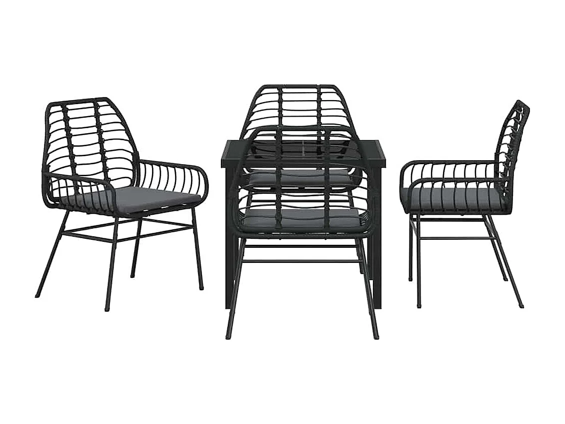 5-teiliges Garten-Ess-Set mit Kissen, schwarzes Polyrattan