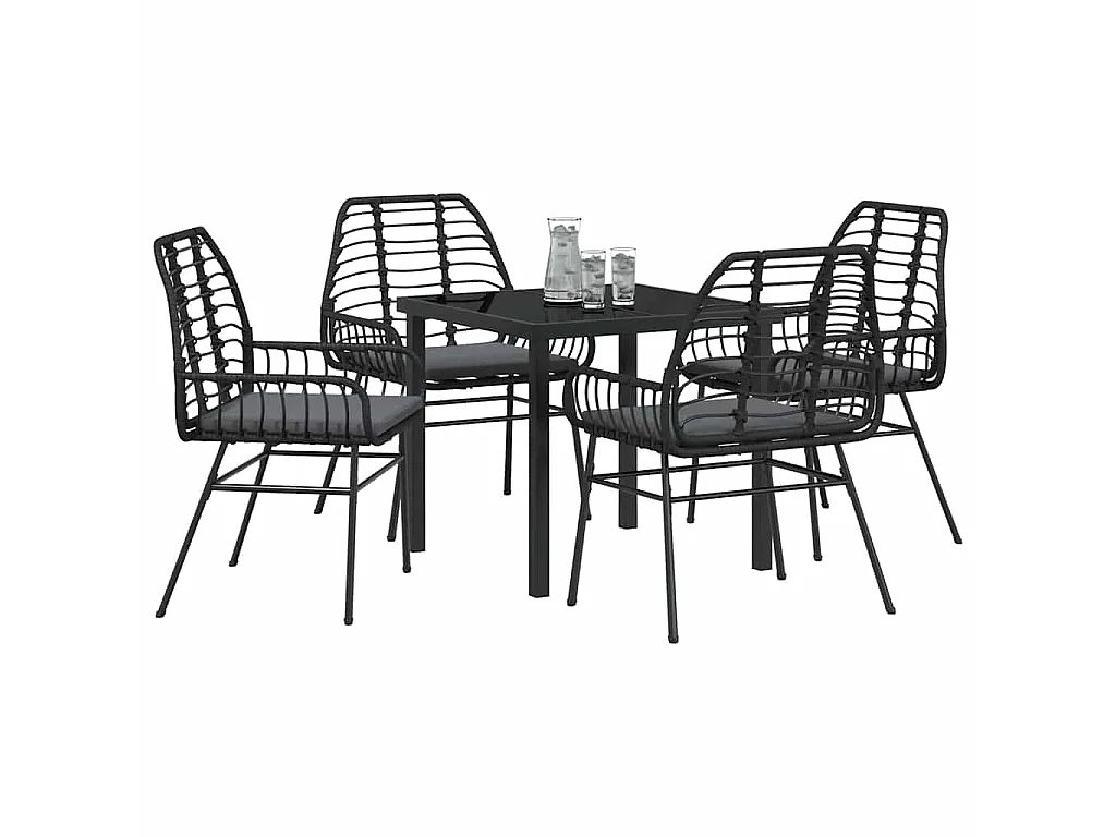 Juego de comedor de jardín de 5 piezas con cojines de ratán sintético negro