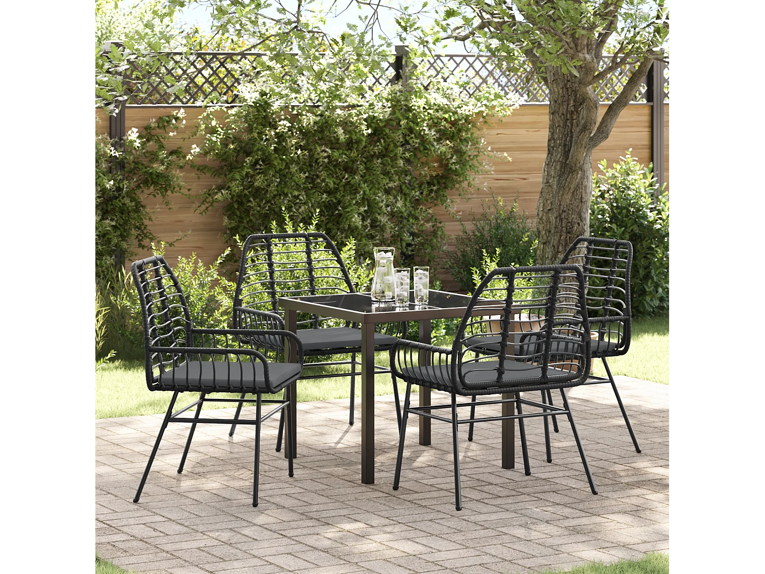 5-teiliges Garten-Ess-Set mit Kissen, schwarzes Polyrattan