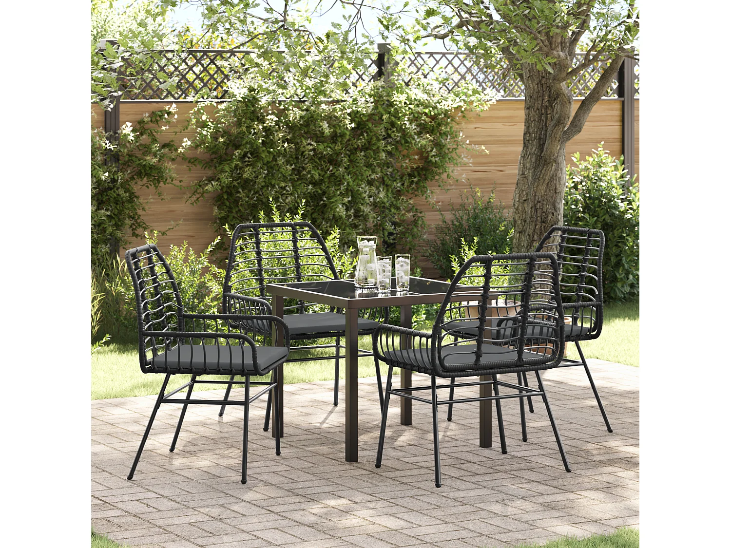 Juego de comedor de jardín de 5 piezas con cojines de ratán sintético negro