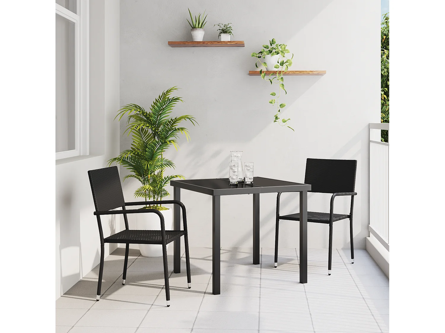 Juego de comedor de jardín de 3 piezas de ratán sintético negro
