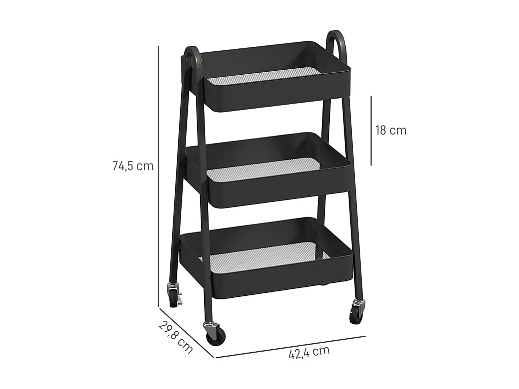 Carrito de servicio de 3 niveles, con ruedas y freno, de metal negro, para cocina, oficina y baño (42,4 x 29,8 x 74,5 cm)