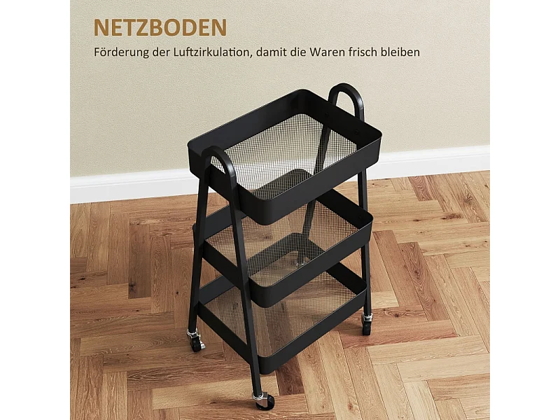 Carrito de servicio de 3 niveles, con ruedas y freno, de metal negro, para cocina, oficina y baño (42,4 x 29,8 x 74,5 cm)