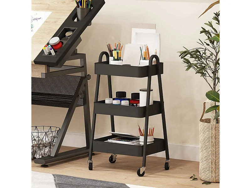 Carrito de servicio de 3 niveles, con ruedas y freno, de metal negro, para cocina, oficina y baño (42,4 x 29,8 x 74,5 cm)