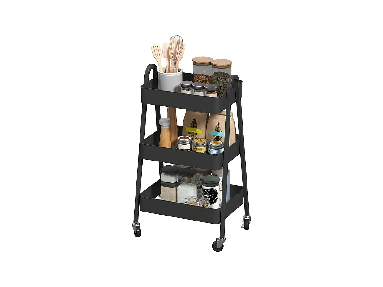 Chariot de service 3 niveaux, roulettes avec frein, métal noir, pour cuisine bureau salle de bain (42.4x29.8x74.5cm)
