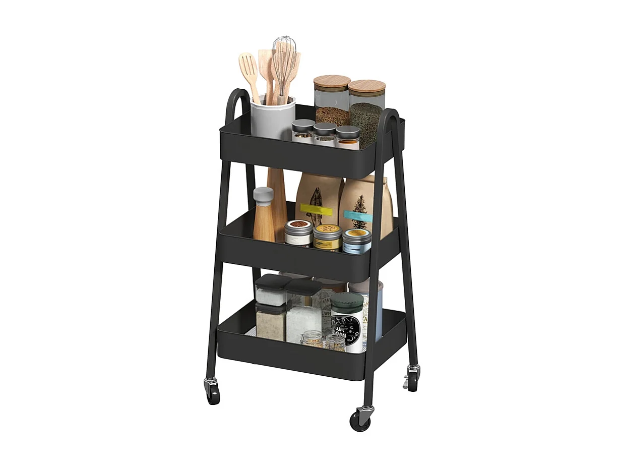 Carrello di servizio a 3 ripiani, ruote con freno, metallo nero, per cucina, ufficio e bagno (42,4x29,8x74,5 cm)