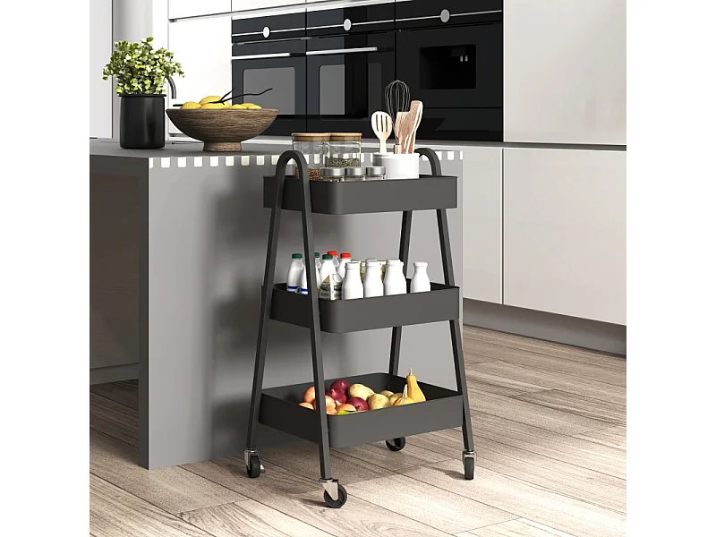 Carrello di servizio a 3 ripiani, ruote con freno, metallo nero, per cucina, ufficio e bagno (42,4x29,8x74,5 cm)