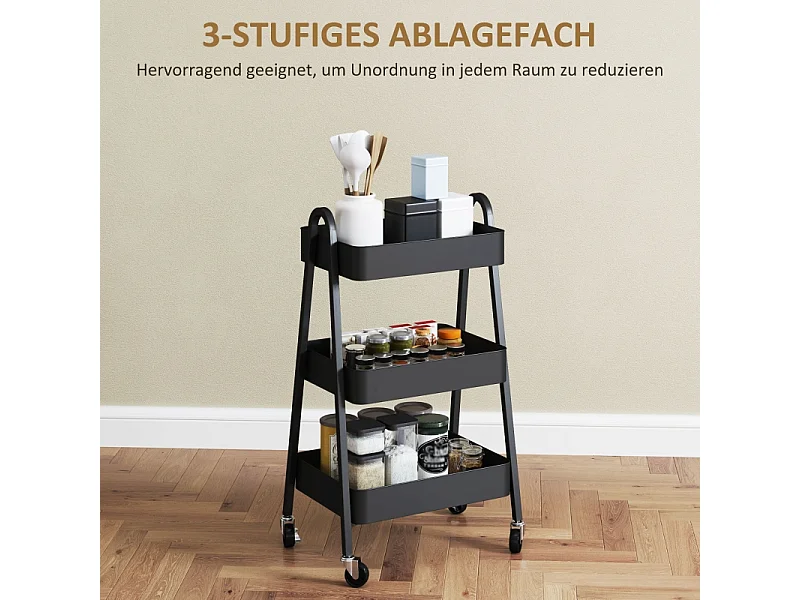 Carrello di servizio a 3 ripiani, ruote con freno, metallo nero, per cucina, ufficio e bagno (42,4x29,8x74,5 cm)
