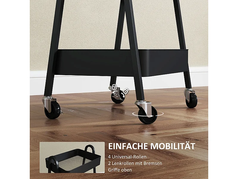 Carrello di servizio a 3 ripiani, ruote con freno, metallo nero, per cucina, ufficio e bagno (42,4x29,8x74,5 cm)