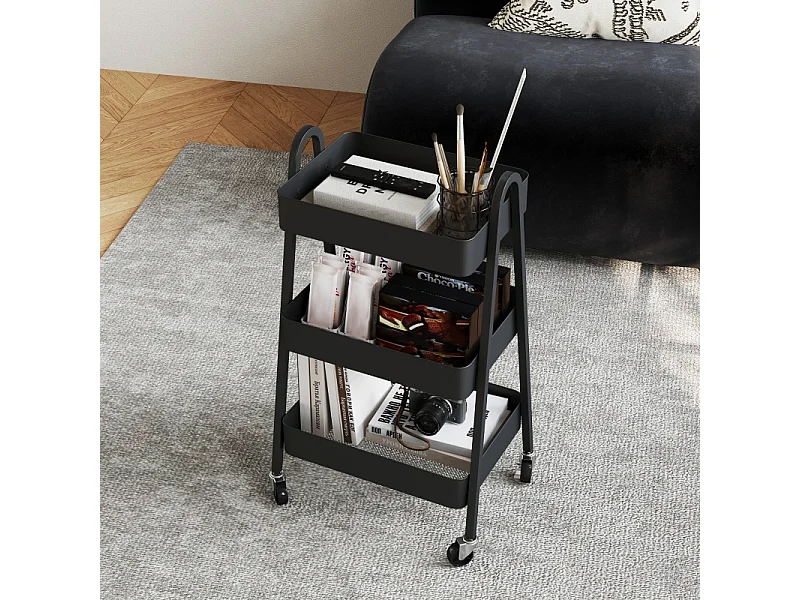 Carrello di servizio a 3 ripiani, ruote con freno, metallo nero, per cucina, ufficio e bagno (42,4x29,8x74,5 cm)