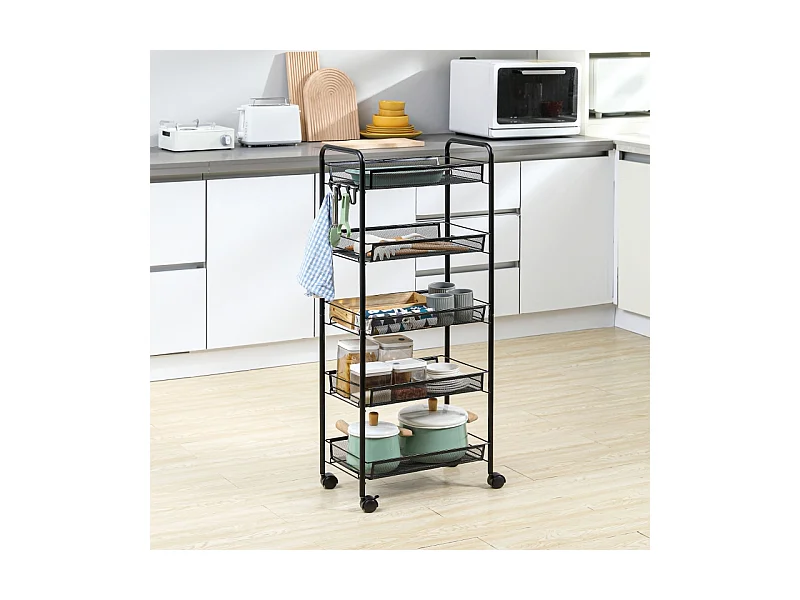 Carrito de servicio con 4 estantes y 5 cestas, acero, negro (45x26,5x106 cm)